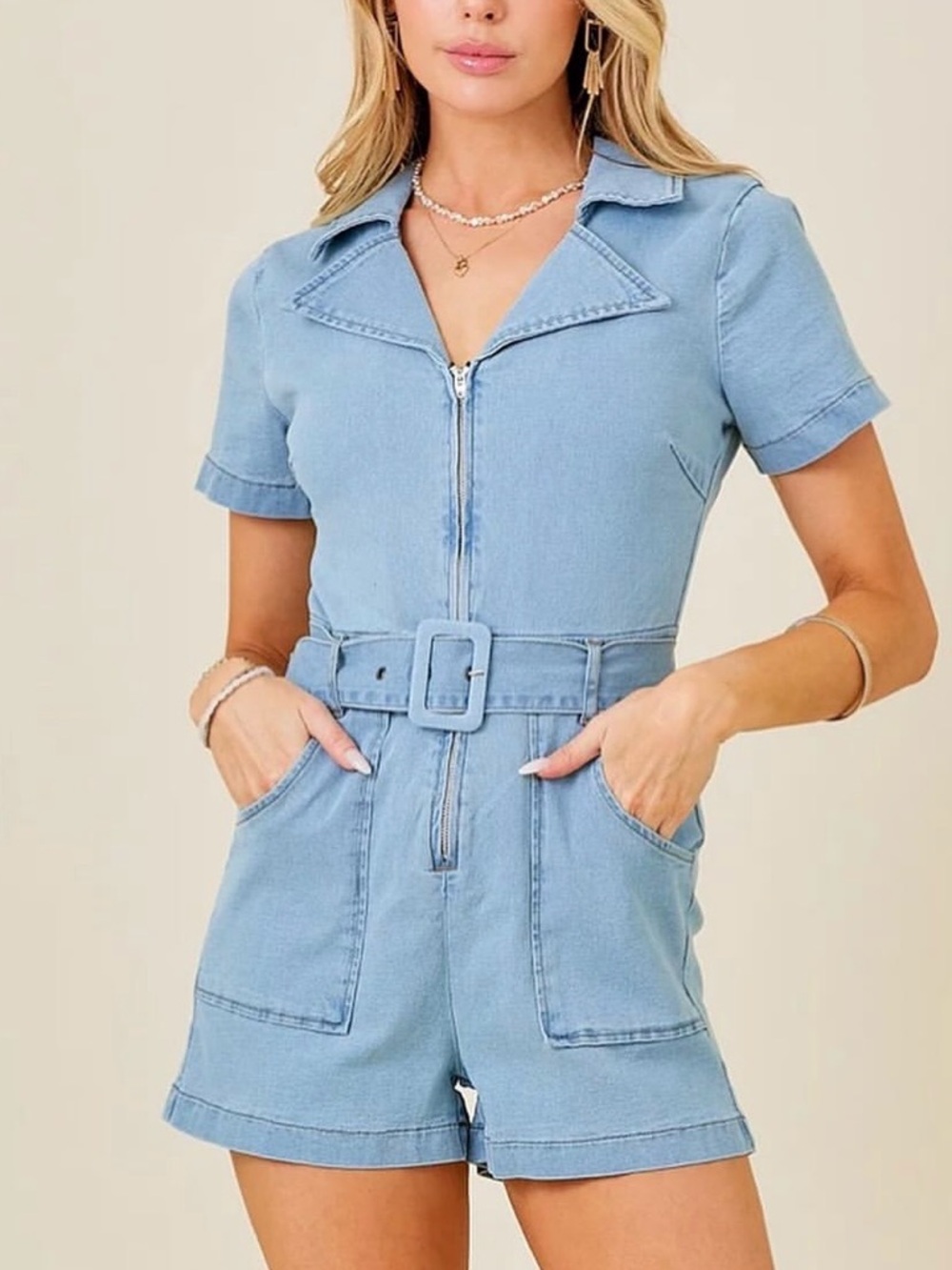 Light Blue Denim Short Jumpsuit with Belt